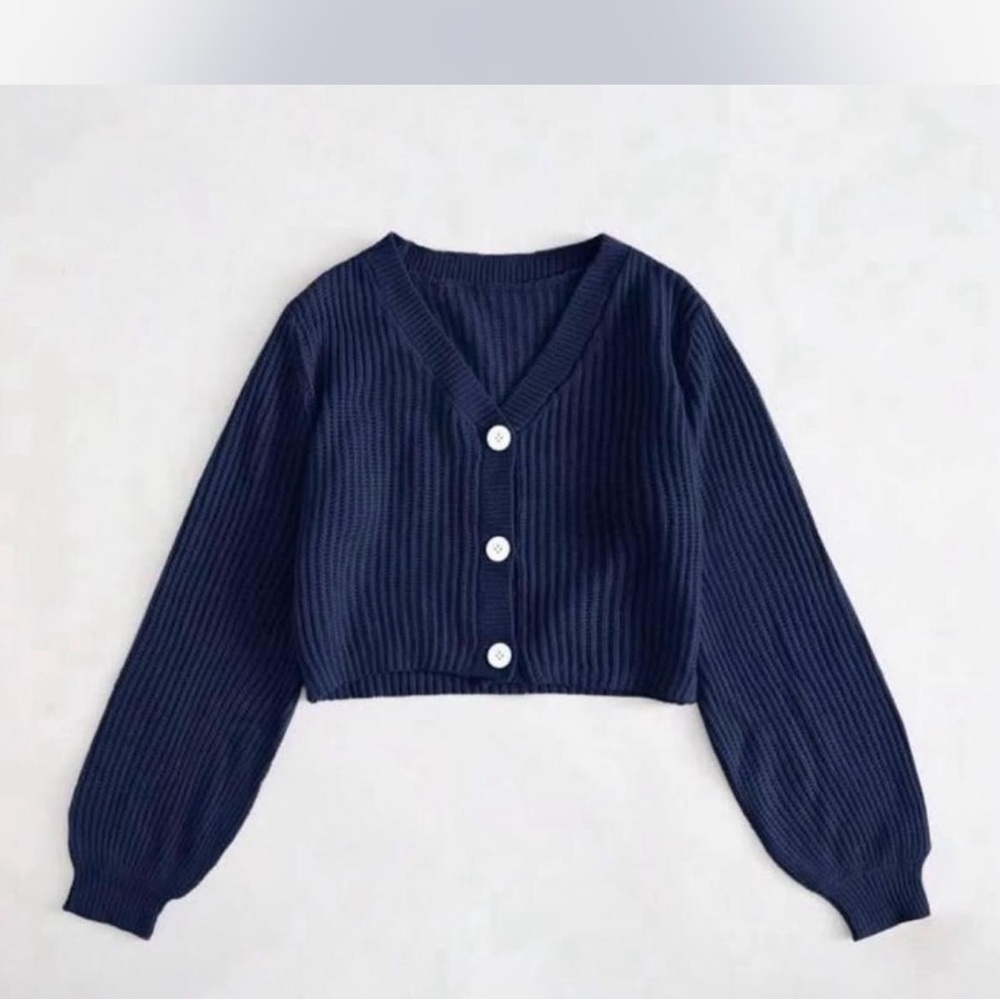 Navy Blue V-Neck Button-Up Women's Sweater